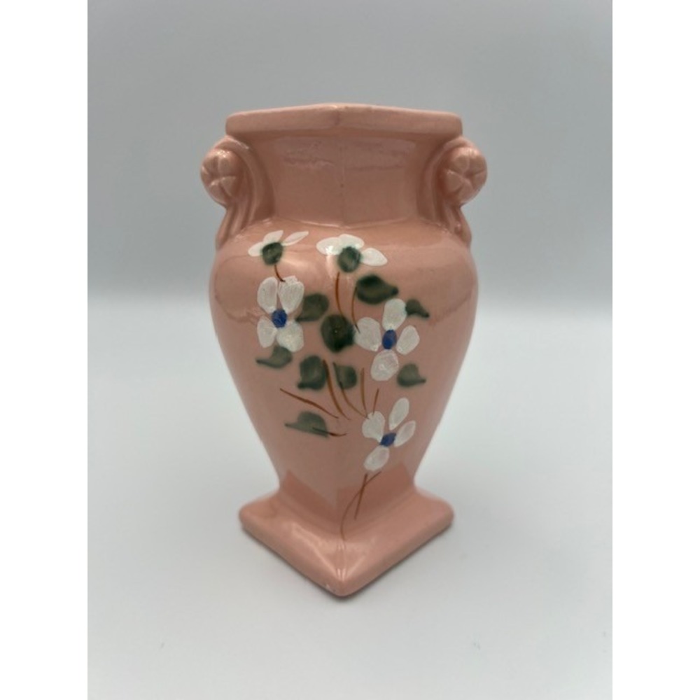 Vintage R.R.P. Co Roseville Ohio Pink Ceramic Bud Vase Hand Painted Floral 5.5"